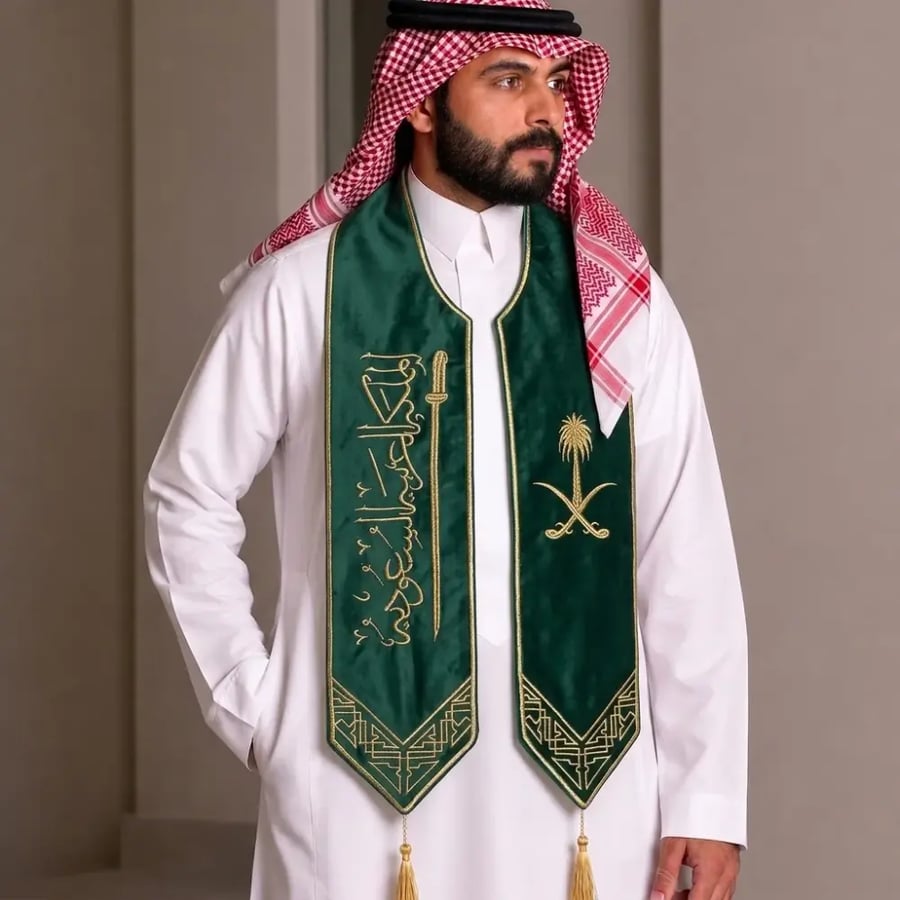 وشاح اليوم الوطني تطريز سيفين ونخله