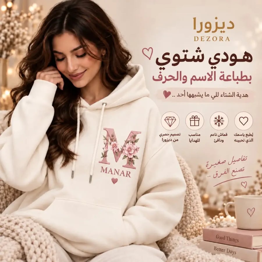 هودي شتوي نسائي بطباعة الاسم والحرف حسب الطلب – أوفر سايز