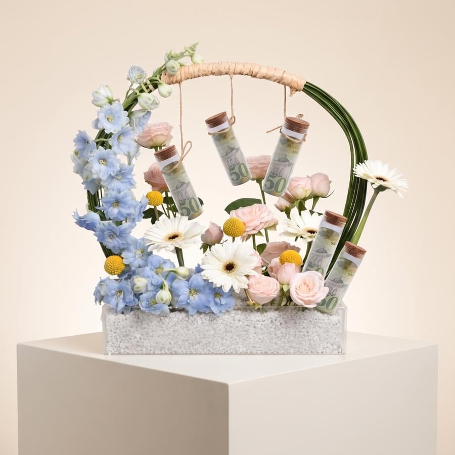 Gift arrangement of flowers and money