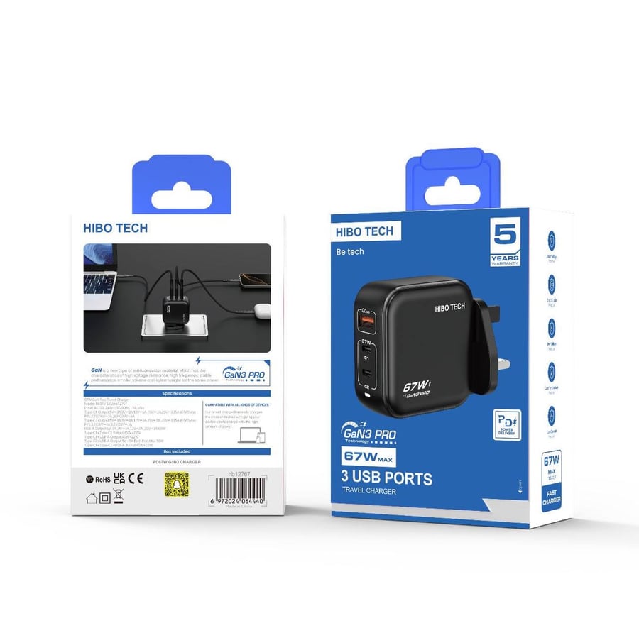 شاحن حائط جداري هيبو تيك بقوة 67 واط وتقنية GaN3 PRO مع 3 منافذ شحن (HIBO TECH 67W GaN3 PRO Fast Charger)