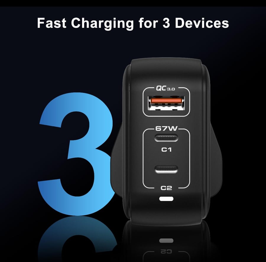 شاحن حائط جداري هيبو تيك بقوة 67 واط وتقنية GaN3 PRO مع 3 منافذ شحن (HIBO TECH 67W GaN3 PRO Fast Charger)