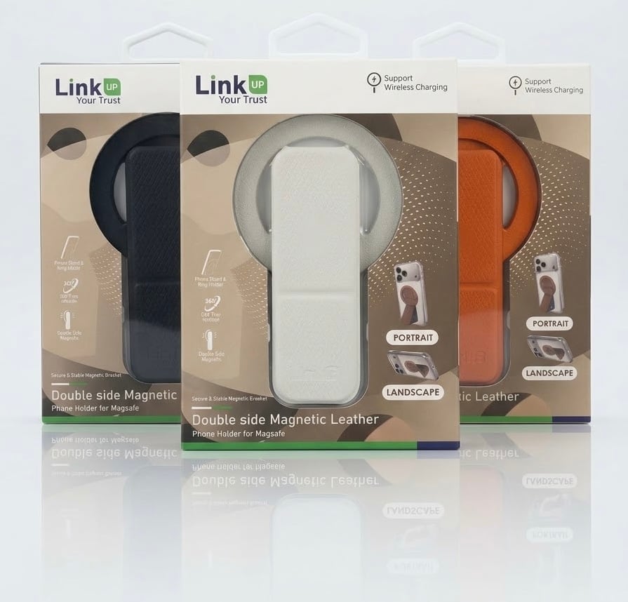 حامل جوال مغناطيسي جلدي مزدوج الجهات يدعم ماج سيف من لينِك أب (Link UP Magnetic Holder)