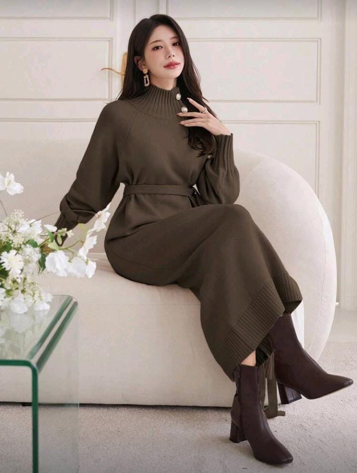 DAZY فستان كنزة صوفية كنزة فضفاضة بأكمام فانوس وزر للزينة، لون سادة، طبيعي للارتداء اليومي والتنقل، موسم الخريف/الشتاء
