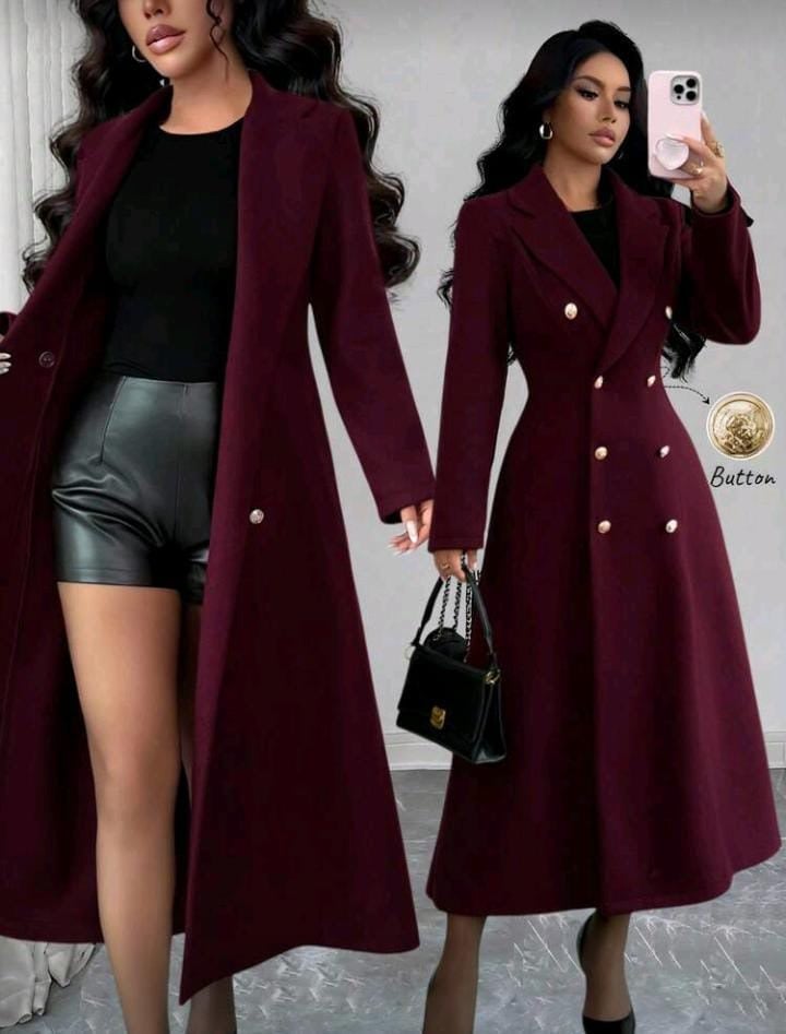 Elenzga معطف نسائي أنيق بياقة واسعة وأكمام طويلة وأزرار مزدوجة، لون أحادي، مناسب للخريف والشتاء