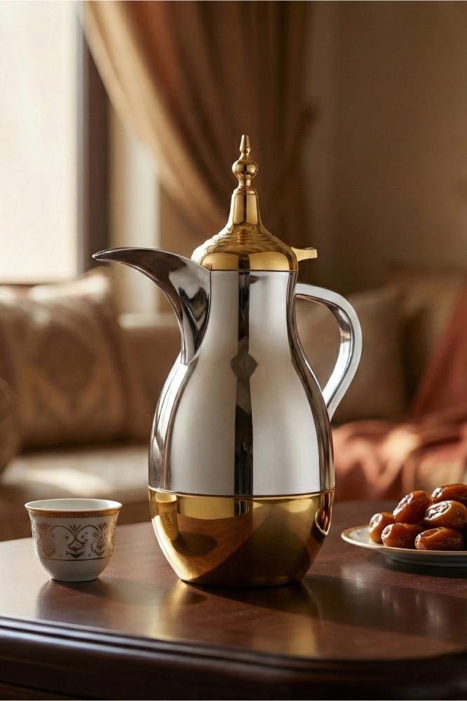 ترمس قهوة فضي مع ذهبي فاخر – حافظ للحرارة – السعة 1 لتر – تصميم أنيق للمجالس