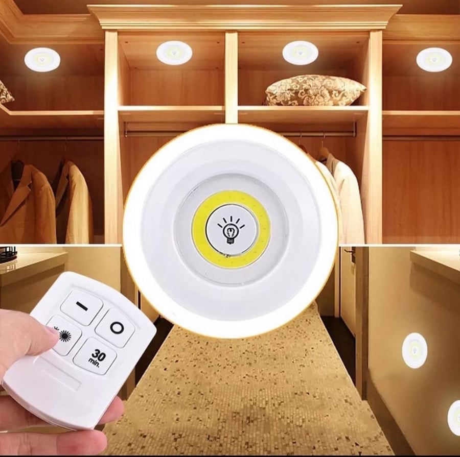 3 مصابيح LED سبوت ، تثبت بلاصق ، تعمل بريموت وتحكم شدة إضاءة ، تعمل بـ 3 بطاريات AA.