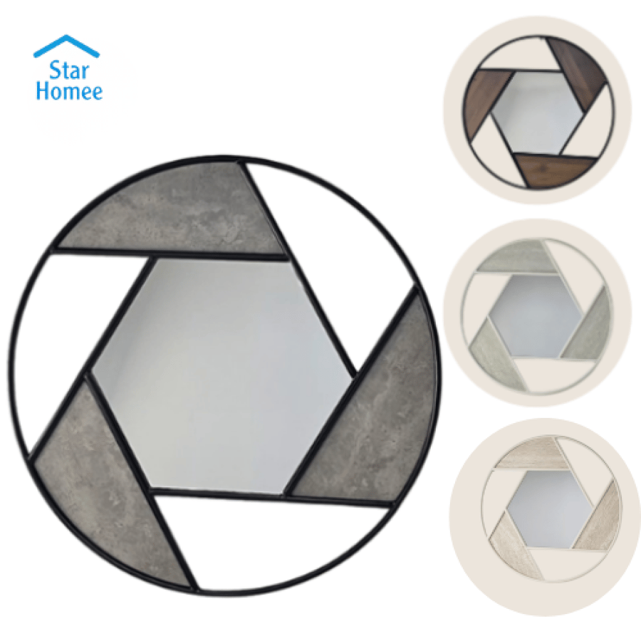 Decorative round wall mirror with a geometric design, available in several colors.