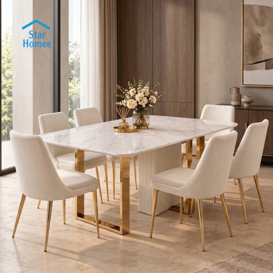 طقم طاولة طعام مع 6 كراسي وبوفيه تصميم ملكي فاخر