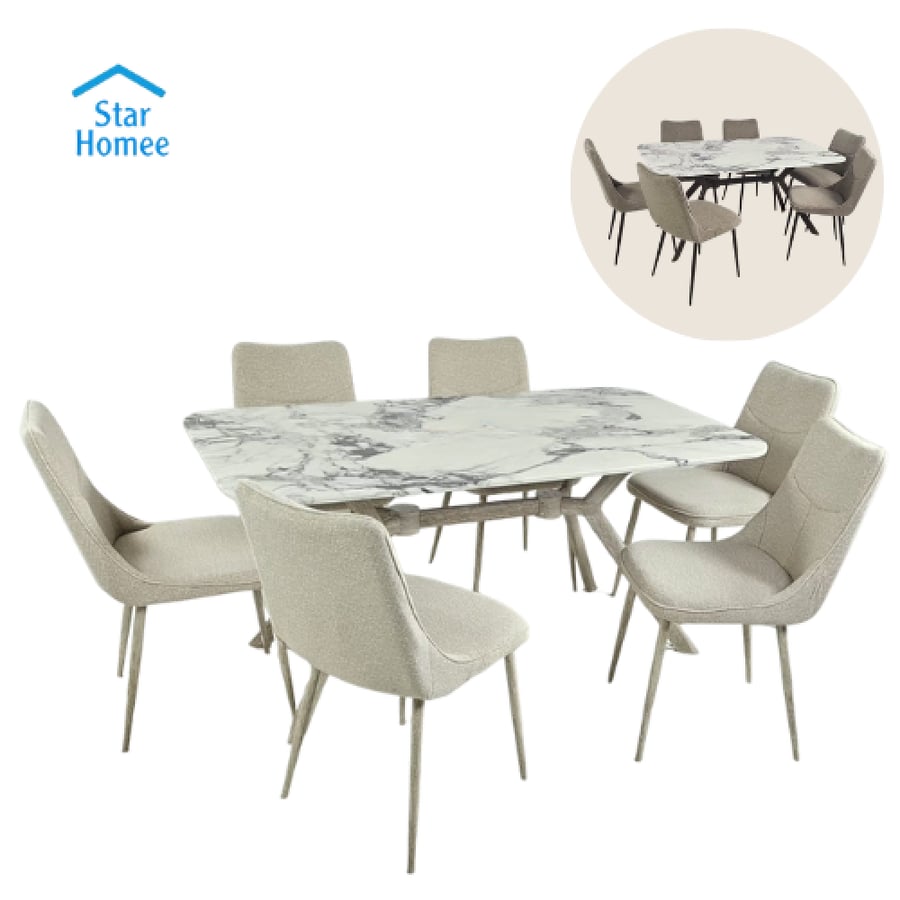 Marble dining table set with 6 chairs, modern design, available in several colors.