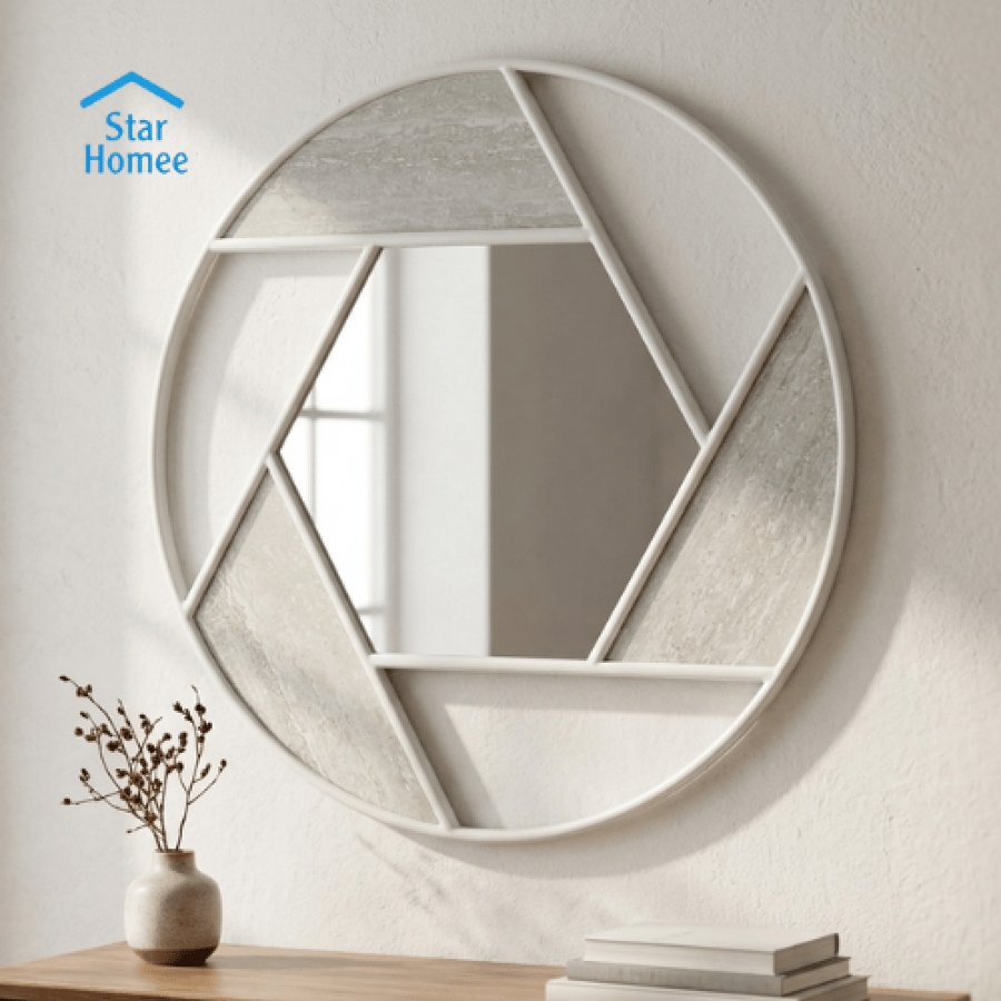 Decorative round wall mirror with a geometric design, available in several colors.