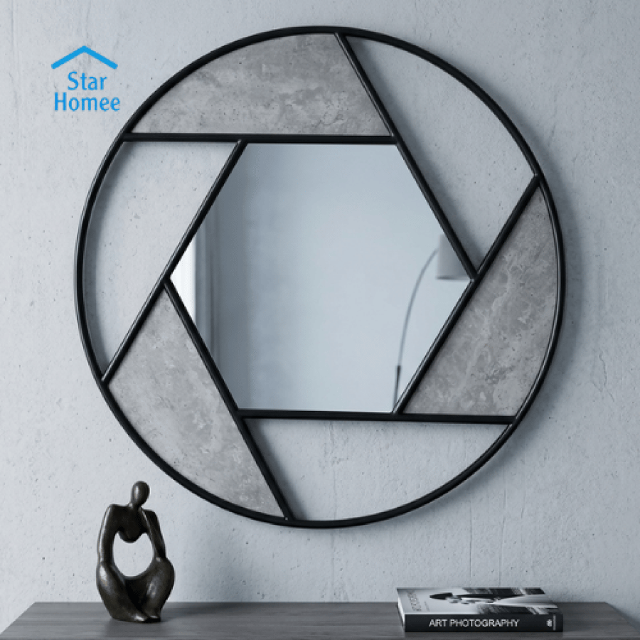 Decorative round wall mirror with a geometric design, available in several colors.