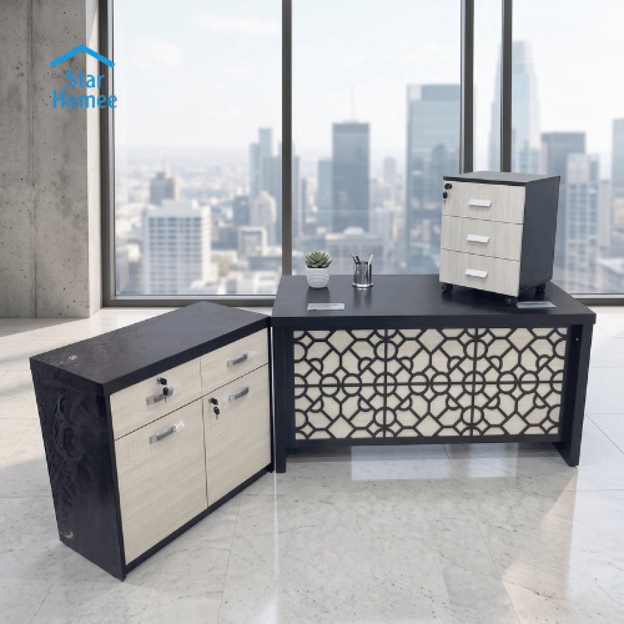 3 Piece Melamine Desk with Secretary Black Color 140,160 cm