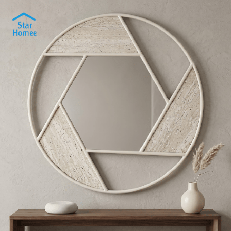 Decorative round wall mirror with a geometric design, available in several colors.