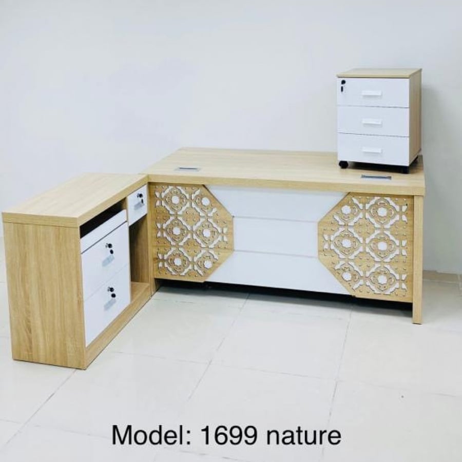 طقم مكتب مع سكرتاريه مقاس 140 cm بيج وأبيض