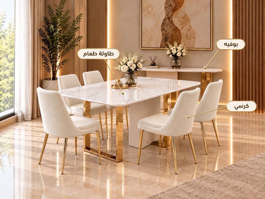 طقم طاولة طعام مع 6 كراسي وبوفيه تصميم ملكي فاخر
