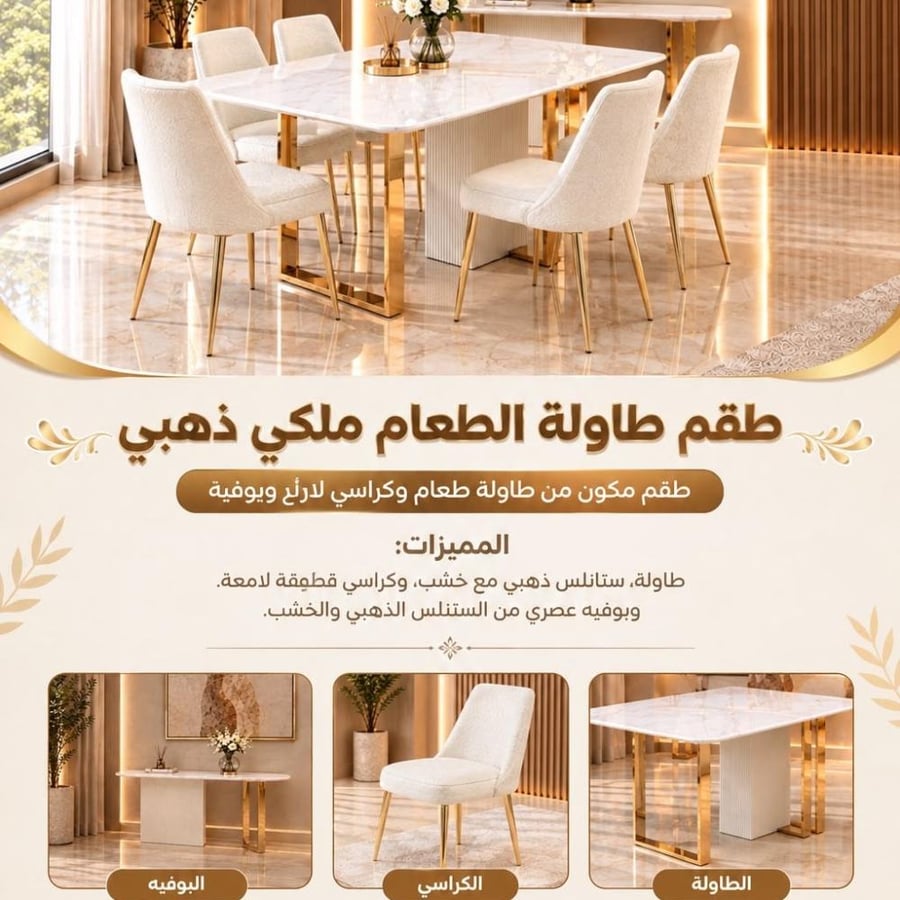 طقم طاولة طعام مع 6 كراسي وبوفيه تصميم ملكي فاخر
