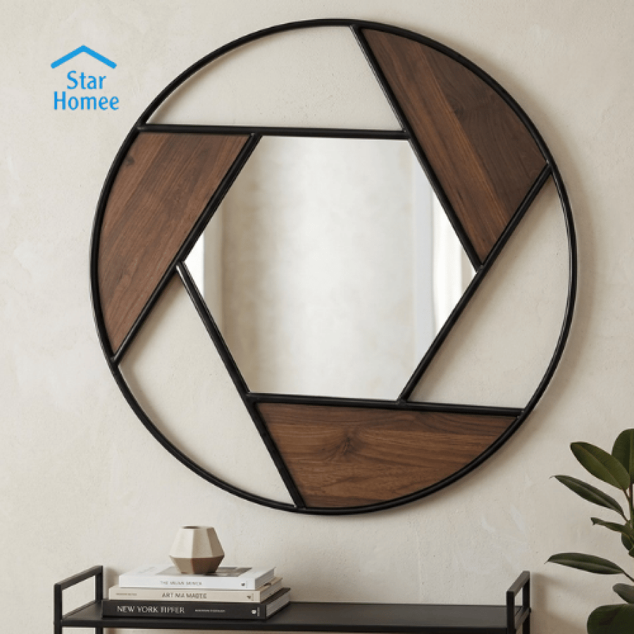Decorative round wall mirror with a geometric design, available in several colors.