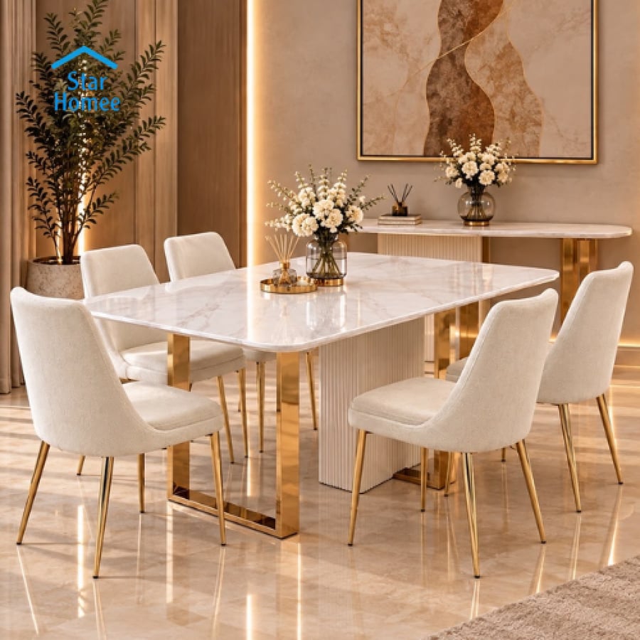 طقم طاولة طعام مع 6 كراسي وبوفيه تصميم ملكي فاخر