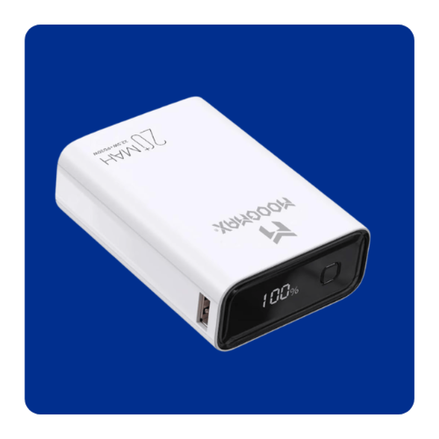 باور بانك 20000 مللي امبير  بقدرة 22.5 واط بتصميم انيق وحجم ووزن صغير منفذين نوع سي و USB-A يدعم الشحن السريع شاشة عرض رقمية  موج ماكس