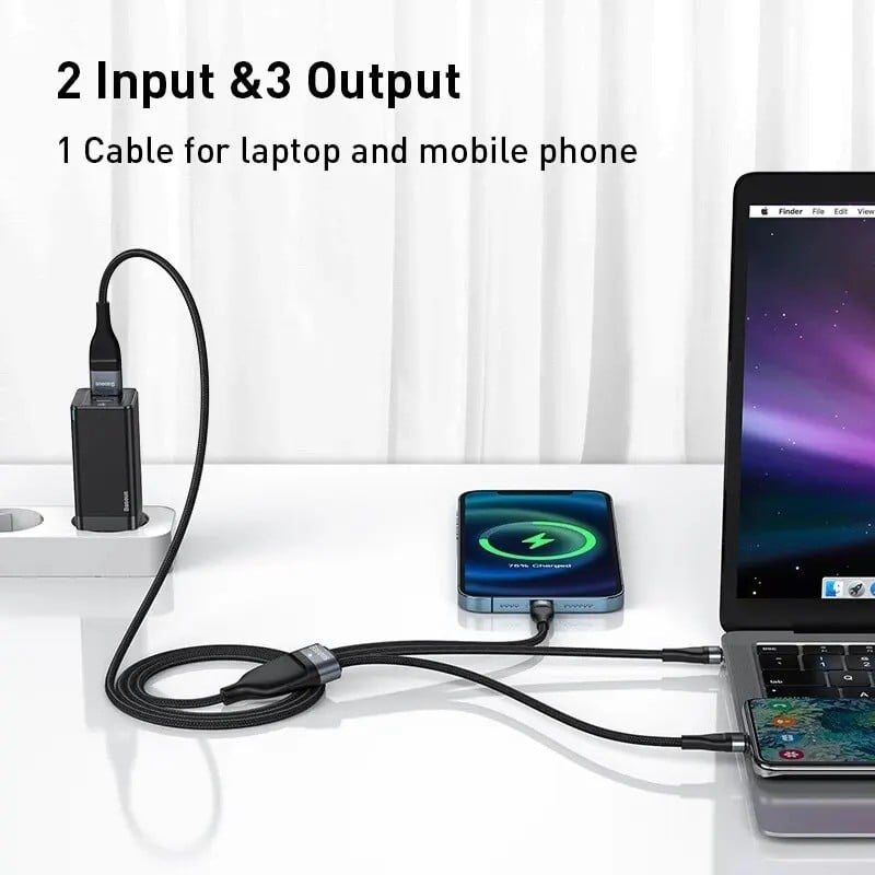 كابل بيسيس 3 في 2 USB من النوع C لهواتف iPhone 15 14 13 12 ProMax 11 كابل شاحن 100 وات 3 في 1 كابل لهواتف سامسونج وشاومي Mi Macbook