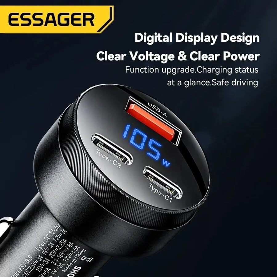 ‏Essager 105W USB شاحن سيارة شحن سريع 4.0 QC4.0 QC3.0 QC SCP PPS PD USB نوع C شحن سريع