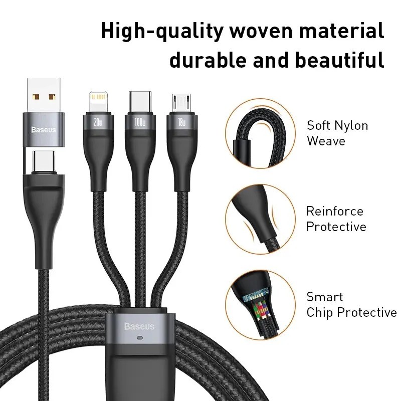 كابل بيسيس 3 في 2 USB من النوع C لهواتف iPhone 15 14 13 12 ProMax 11 كابل شاحن 100 وات 3 في 1 كابل لهواتف سامسونج وشاومي Mi Macbook