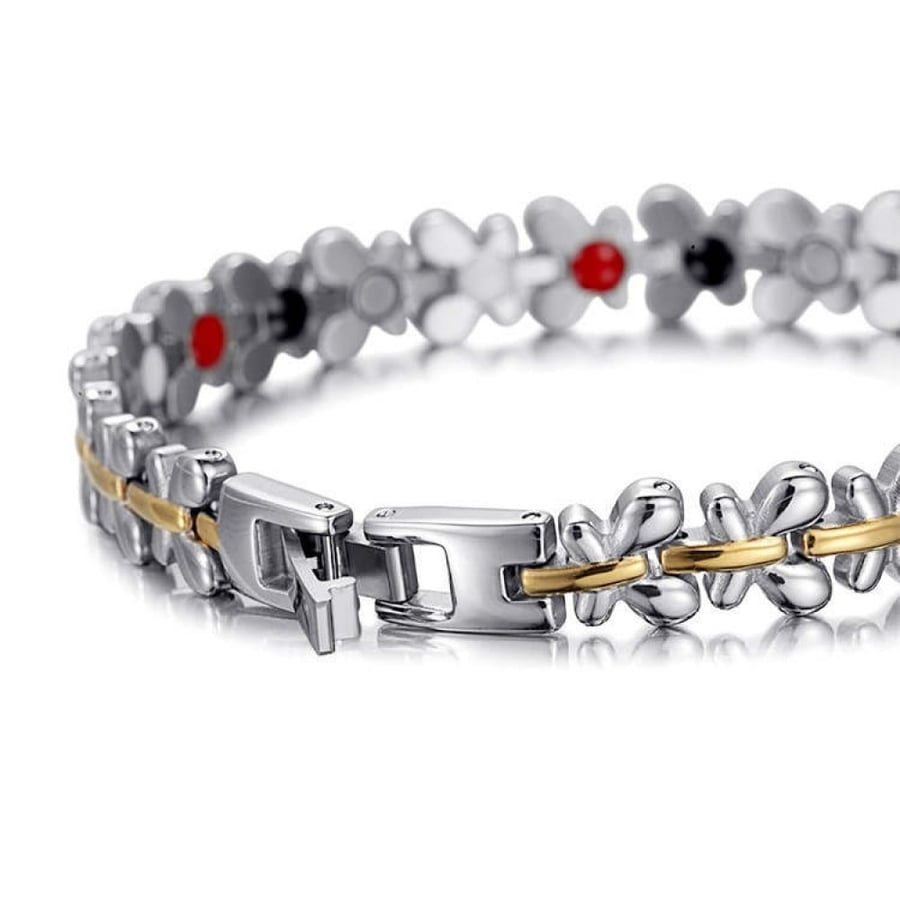 Energy medical bracelet for women with germanium stone and magnetic stone to eliminate negative charges from the body and restore activity, butterfly shape, silver color with gold line
