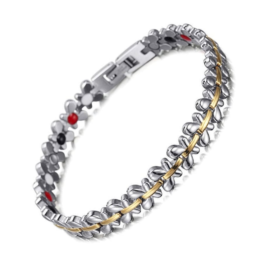 Energy medical bracelet for women with germanium stone and magnetic stone to eliminate negative charges from the body and restore activity, butterfly shape, silver color with gold line