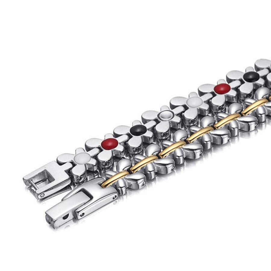 Energy medical bracelet for women with germanium stone and magnetic stone to eliminate negative charges from the body and restore activity, butterfly shape, silver color with gold line