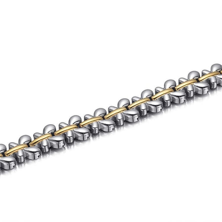 Energy medical bracelet for women with germanium stone and magnetic stone to eliminate negative charges from the body and restore activity, butterfly shape, silver color with gold line