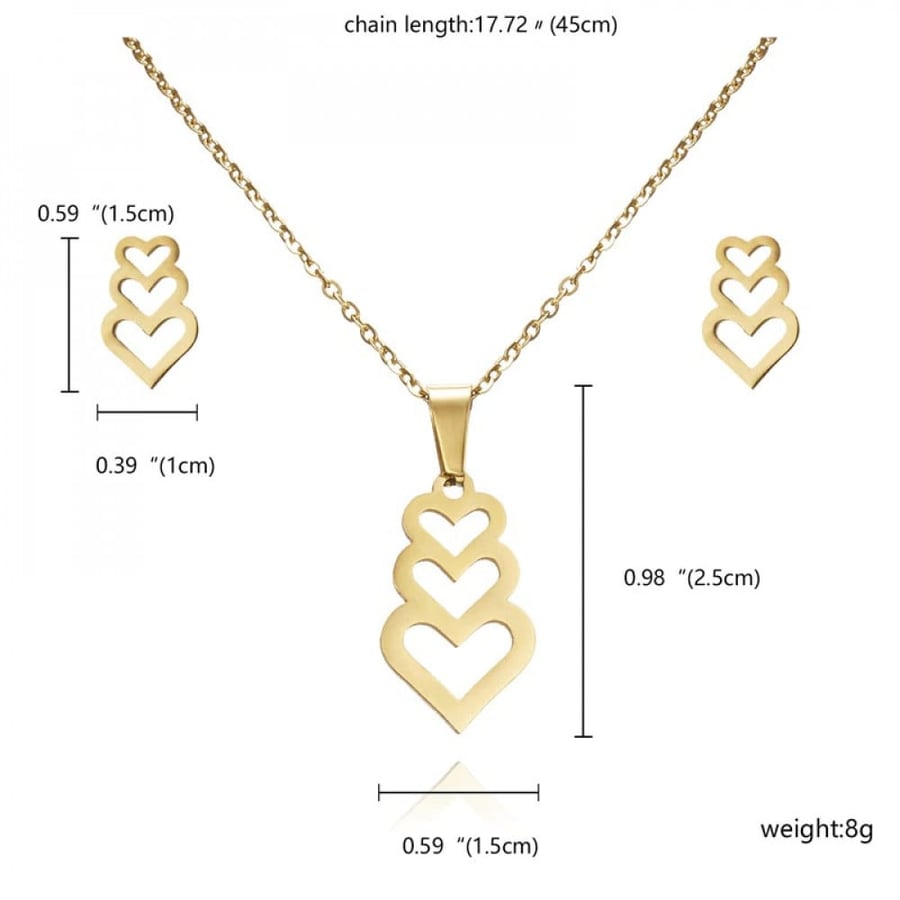 Gold-plated jewelry set, earrings and chain with a heart-shaped pendant, gold color