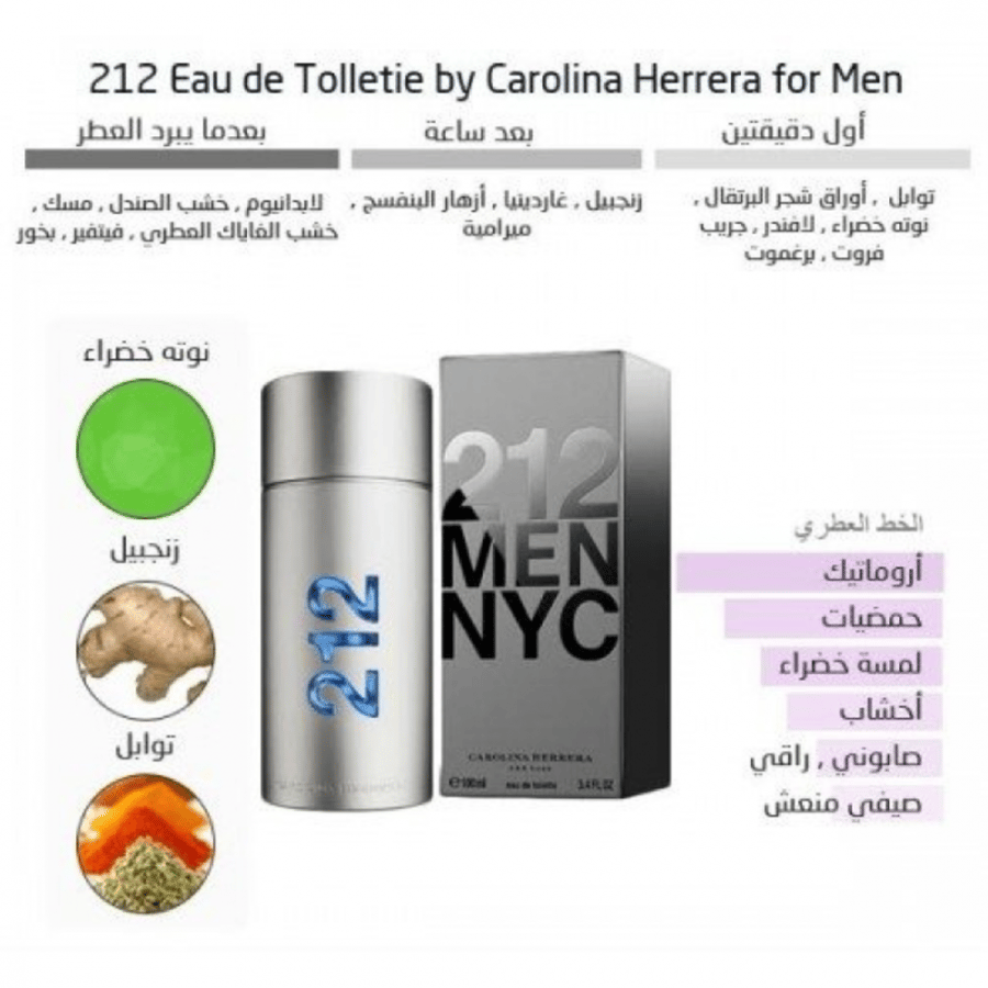 عطر 212 مين من كارولينا هيريرا للرجال - او دي تواليت 100مل Carolina Herrera 212 Men For Men - Eau De Toilette 100ml