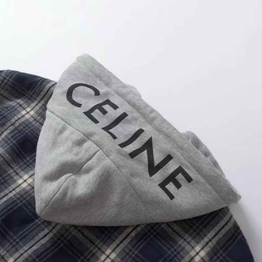 Celine Hooded Checked Cotton Overshirt Navy Blue