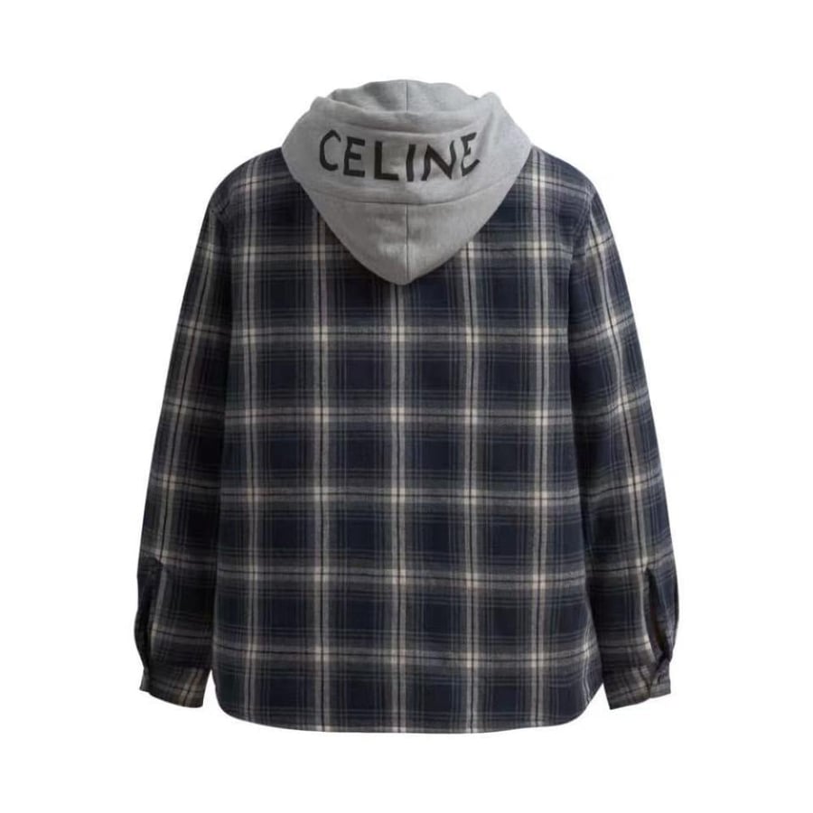 Celine Hooded Checked Cotton Overshirt Navy Blue