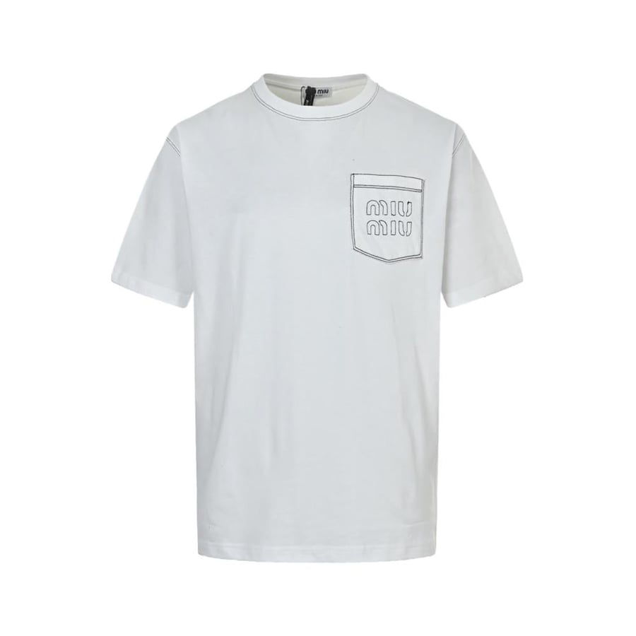 Miu Miu Open-Thread Embroidered Pocket Logo T-Shirt White
