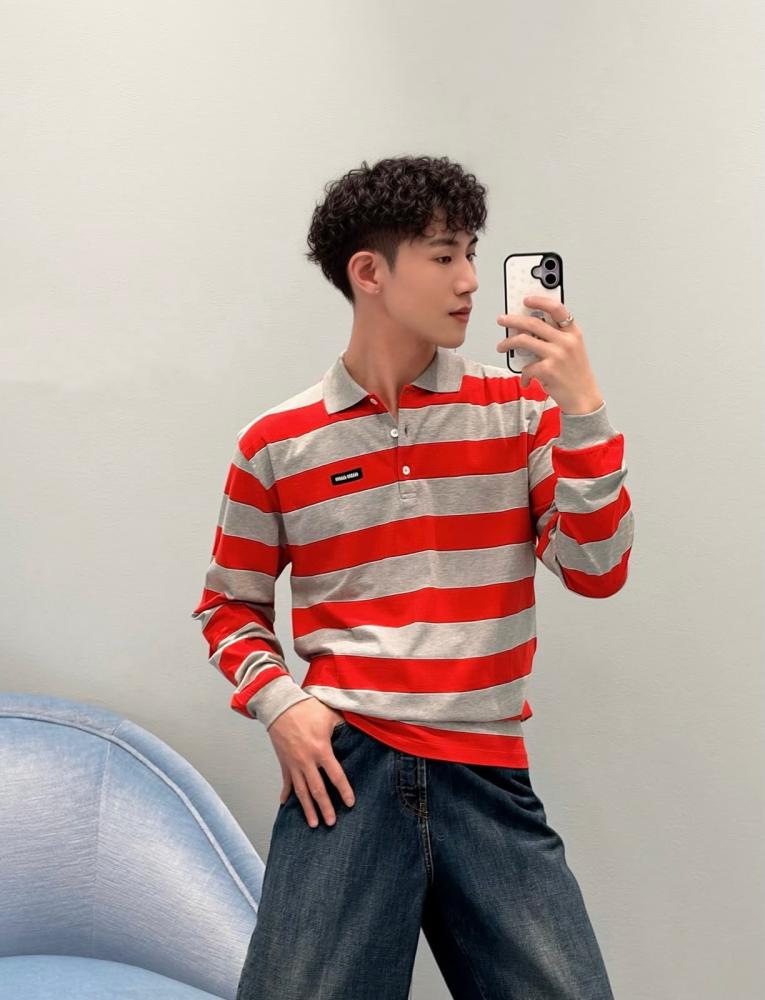 Miu Miu Striped Jersey Polo Shirt Blue / Grey