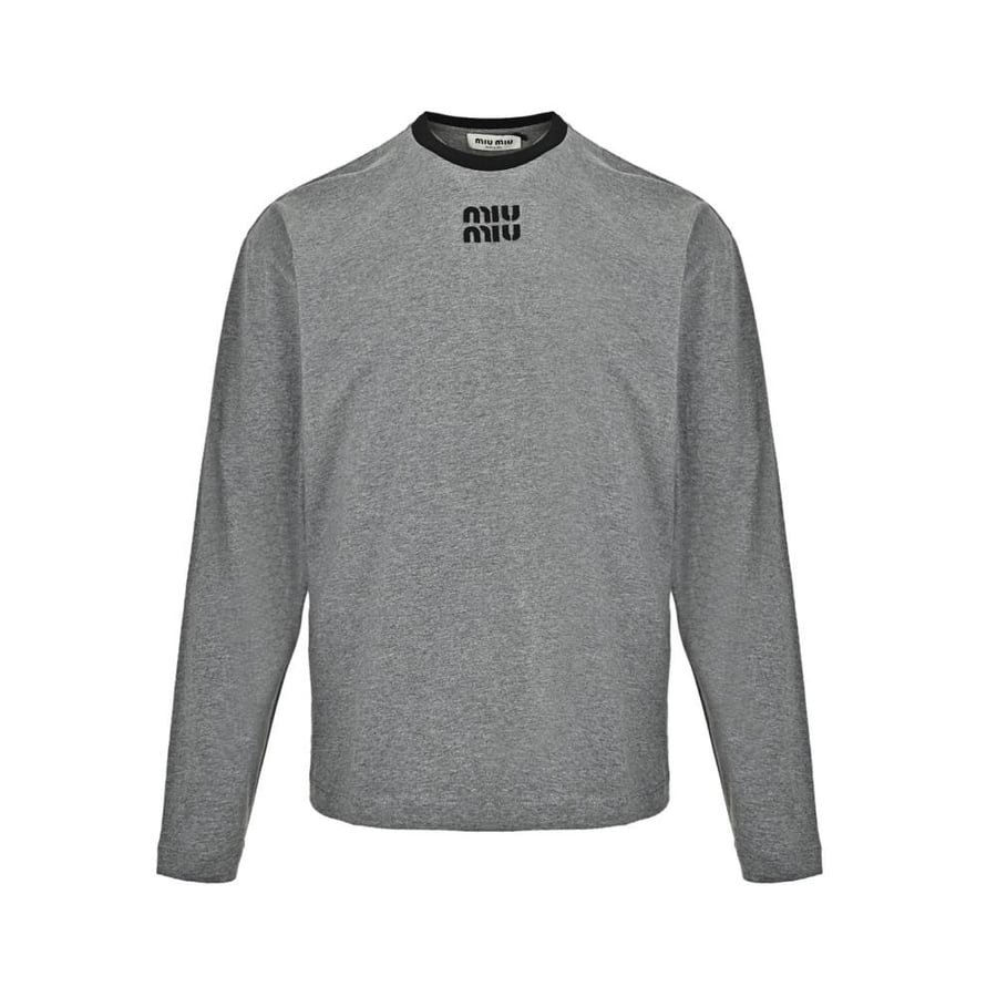 Miu Miu Long-Sleeved Cotton Jersey T-Shirt Grey