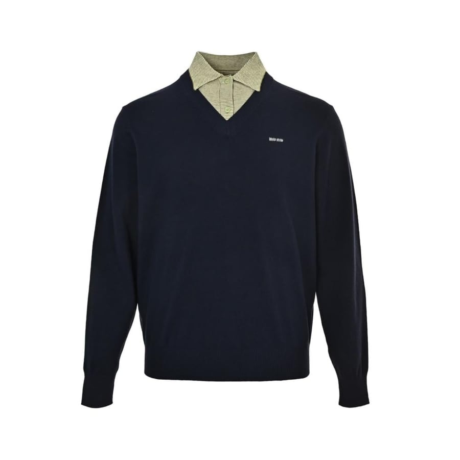 Miu Miu Wool and Cashmere Layered Sweater Navy Blue