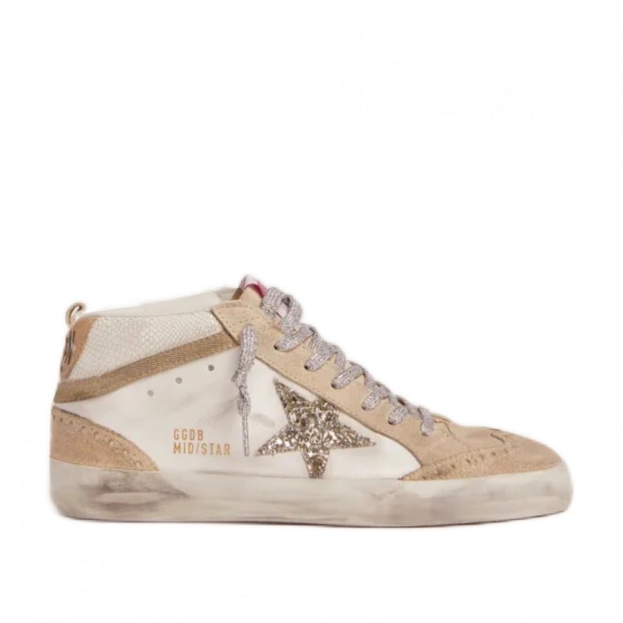Mid Star LTD sneakers with light green glitter star and snake-print leather insert