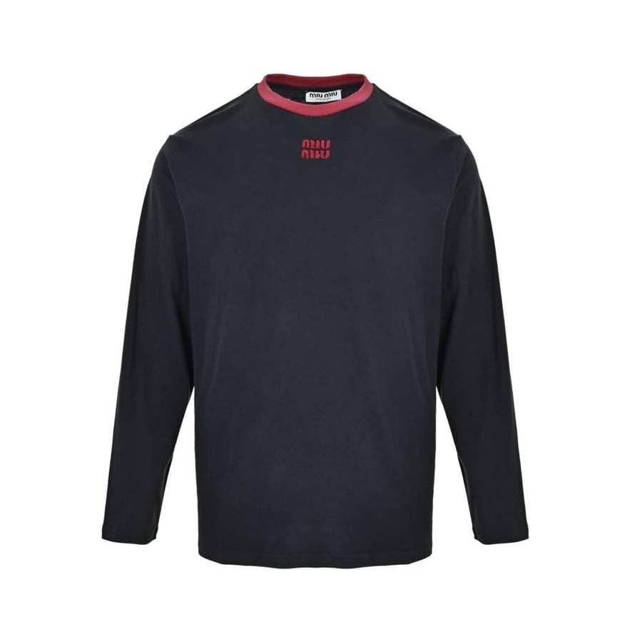Miu Miu Long-Sleeved Cotton Jersey T-Shirt Blue
