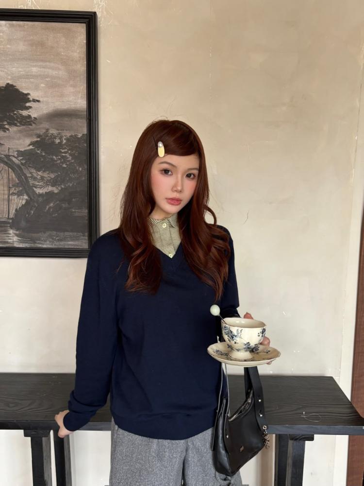 Miu Miu Wool and Cashmere Layered Sweater Navy Blue