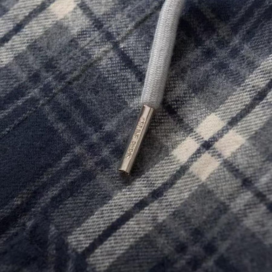 Celine Hooded Checked Cotton Overshirt Navy Blue