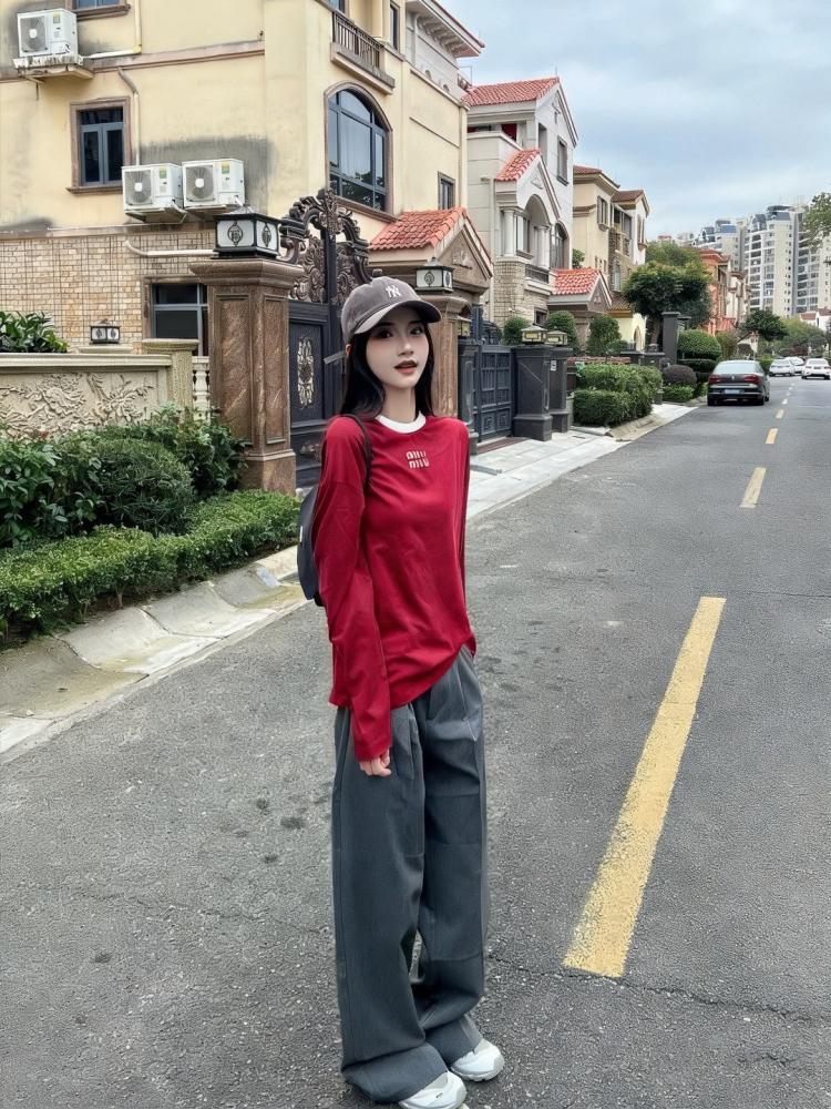 Miu Miu Long-Sleeved Cotton Jersey T-Shirt Red