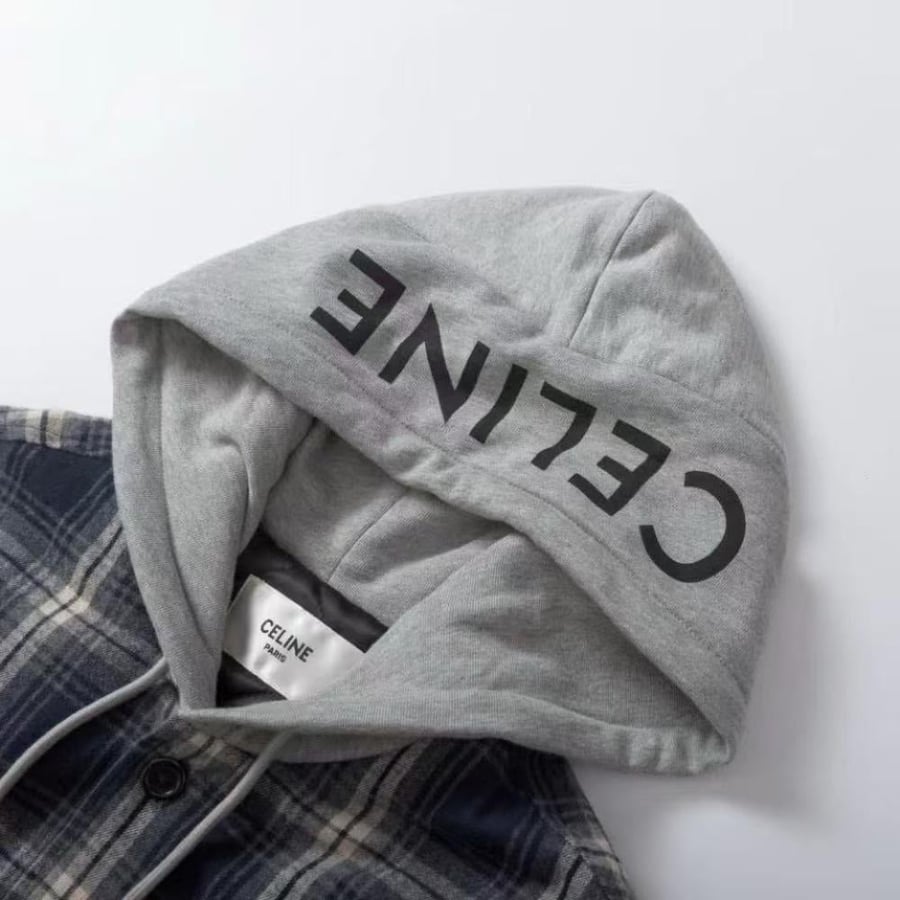 Celine Hooded Checked Cotton Overshirt Navy Blue