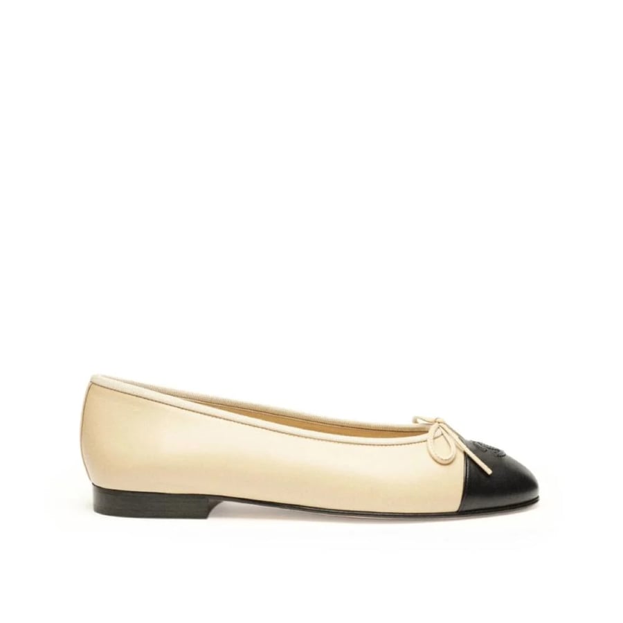 Chanel Lambskin & Grosgrain Ballerinas Beige & Black