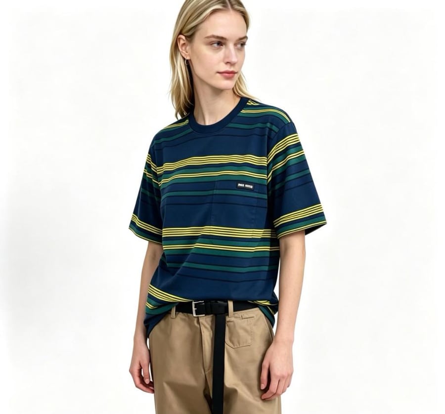 Miu Miu Striped Cotton T-Shirt Olive Green / White