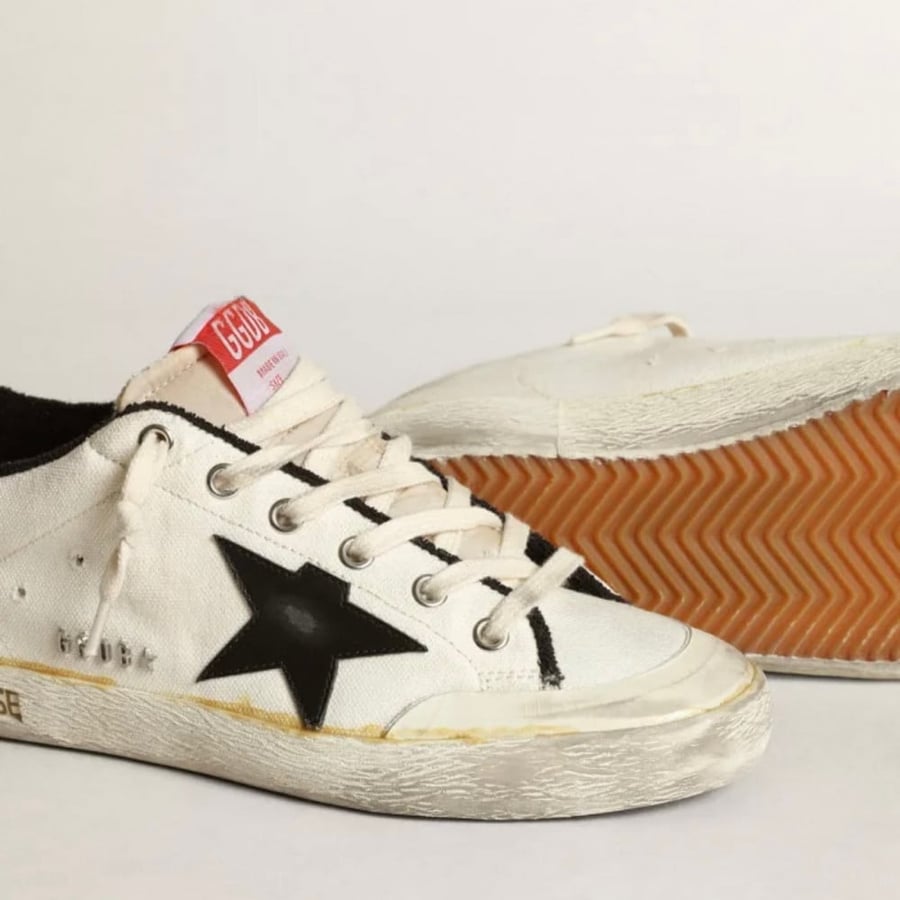 Women’s Super-Star LTD sneakers in beige canvas with black leather star and white leather heel tab