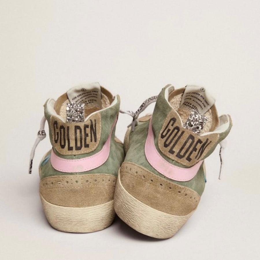 Mid Star LTD sneakers in military green suede with sky-blue leather star and pink leather flash