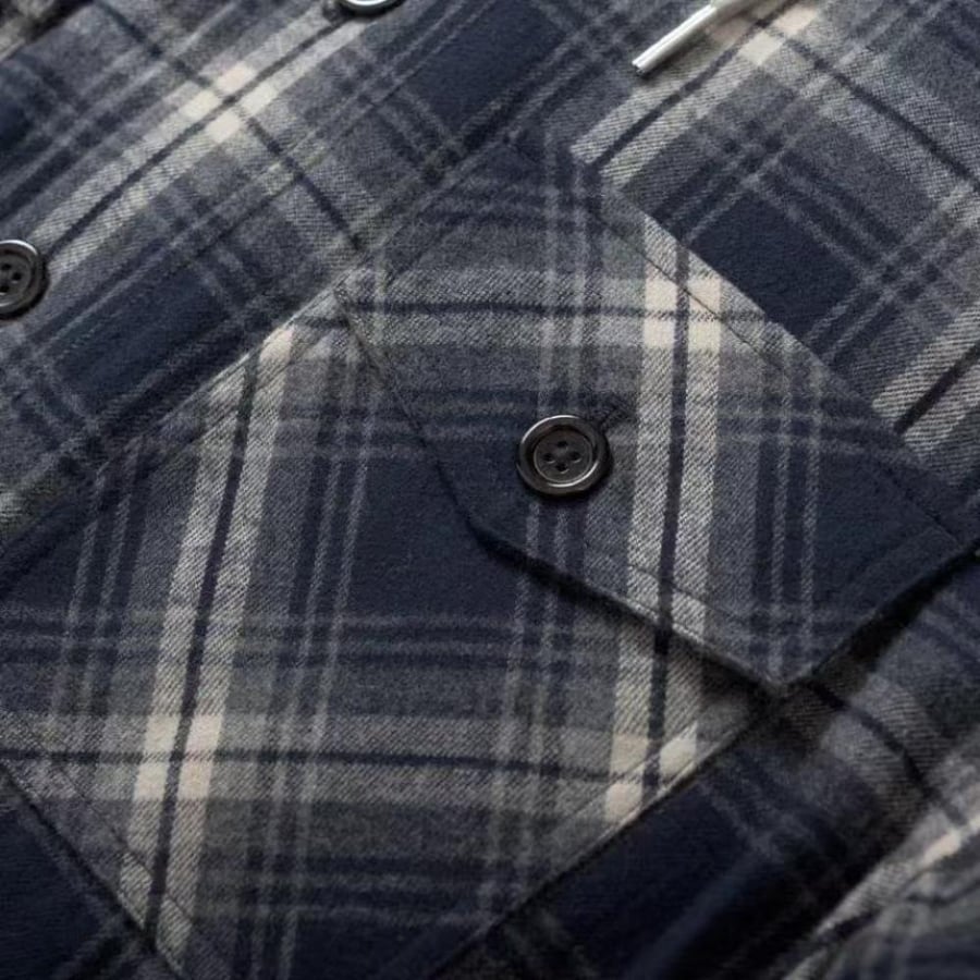 Celine Hooded Checked Cotton Overshirt Navy Blue