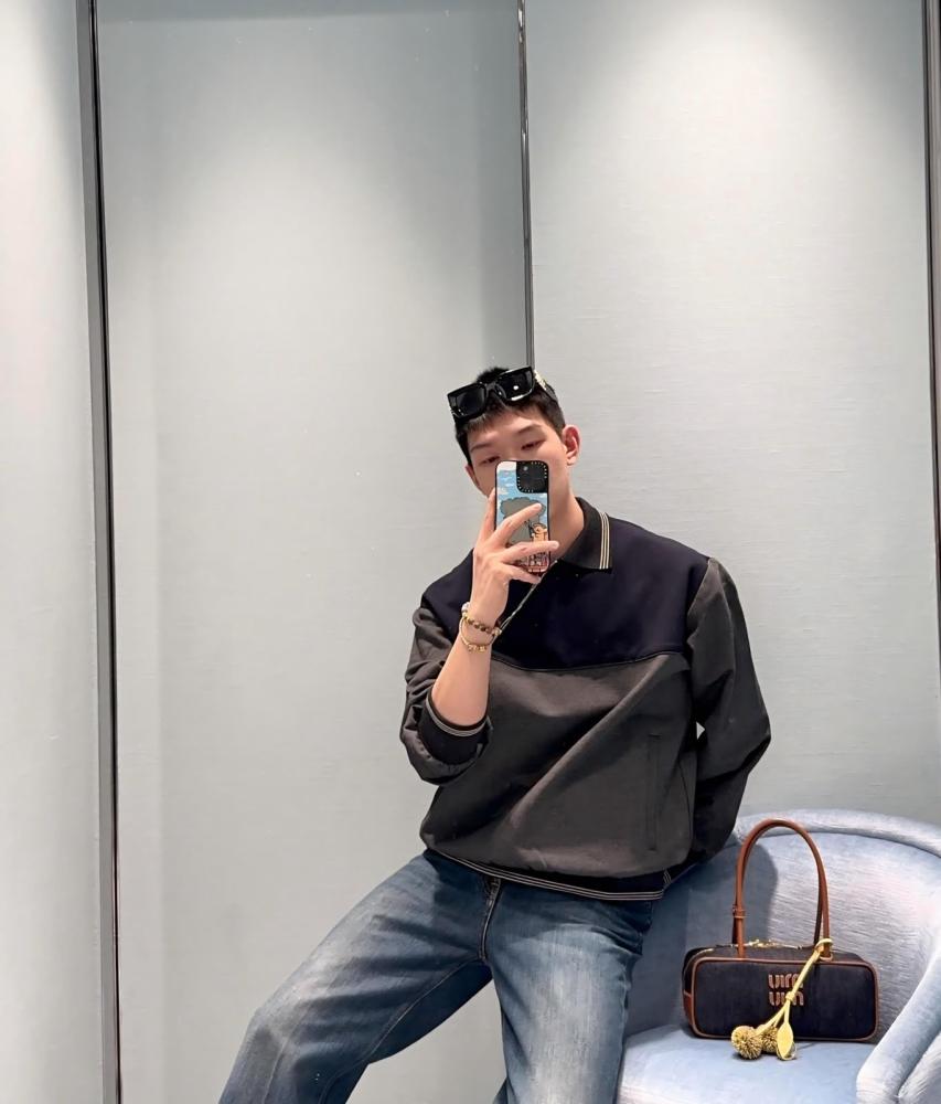 Miu Miu Polo-Neck Zipped Sweatshirt Grey / Navy Blue
